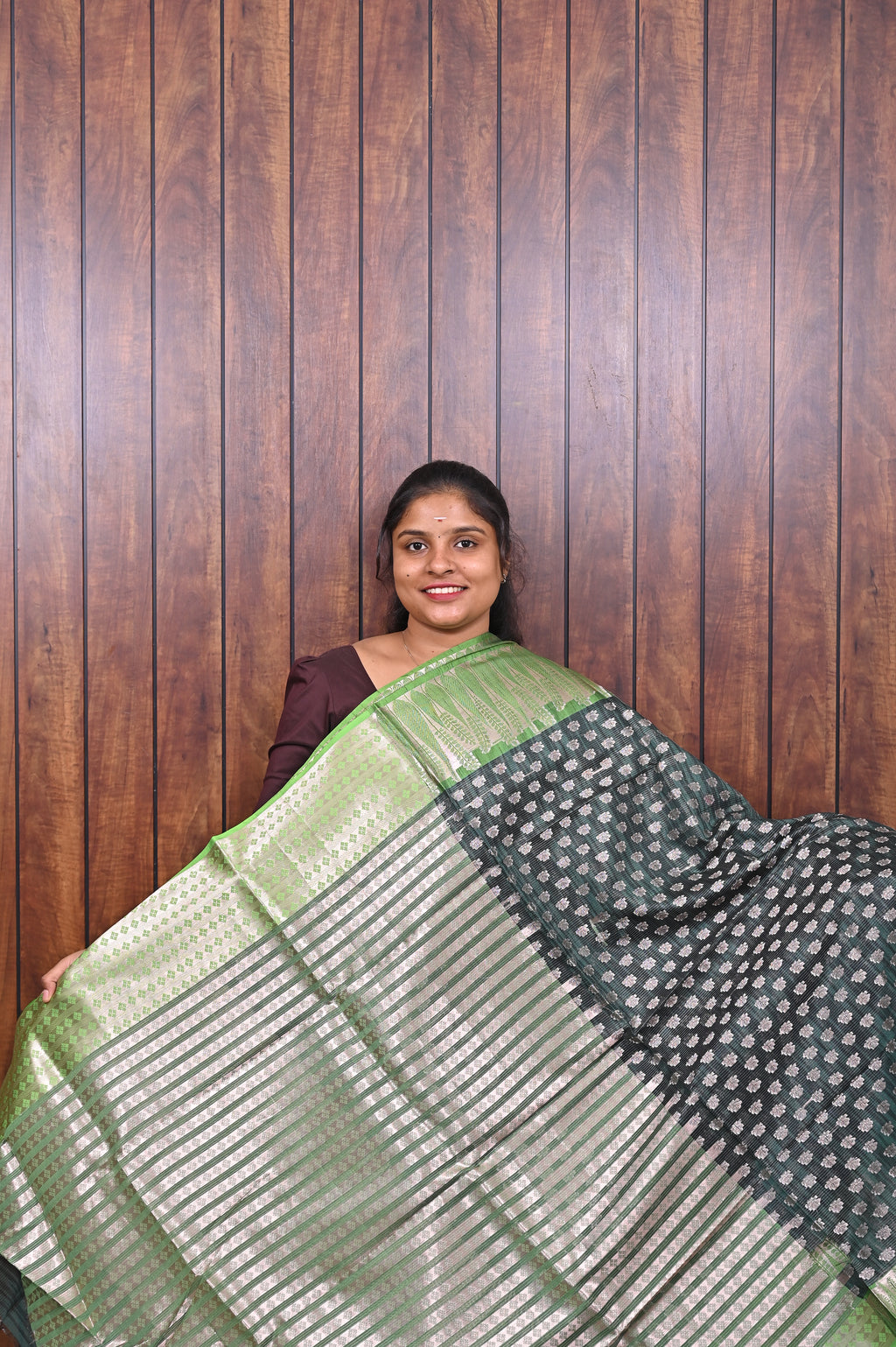 Function Wear Saree SLM-FWR-0025 - Bottle green with polka butta motifs and a light green border - second view
