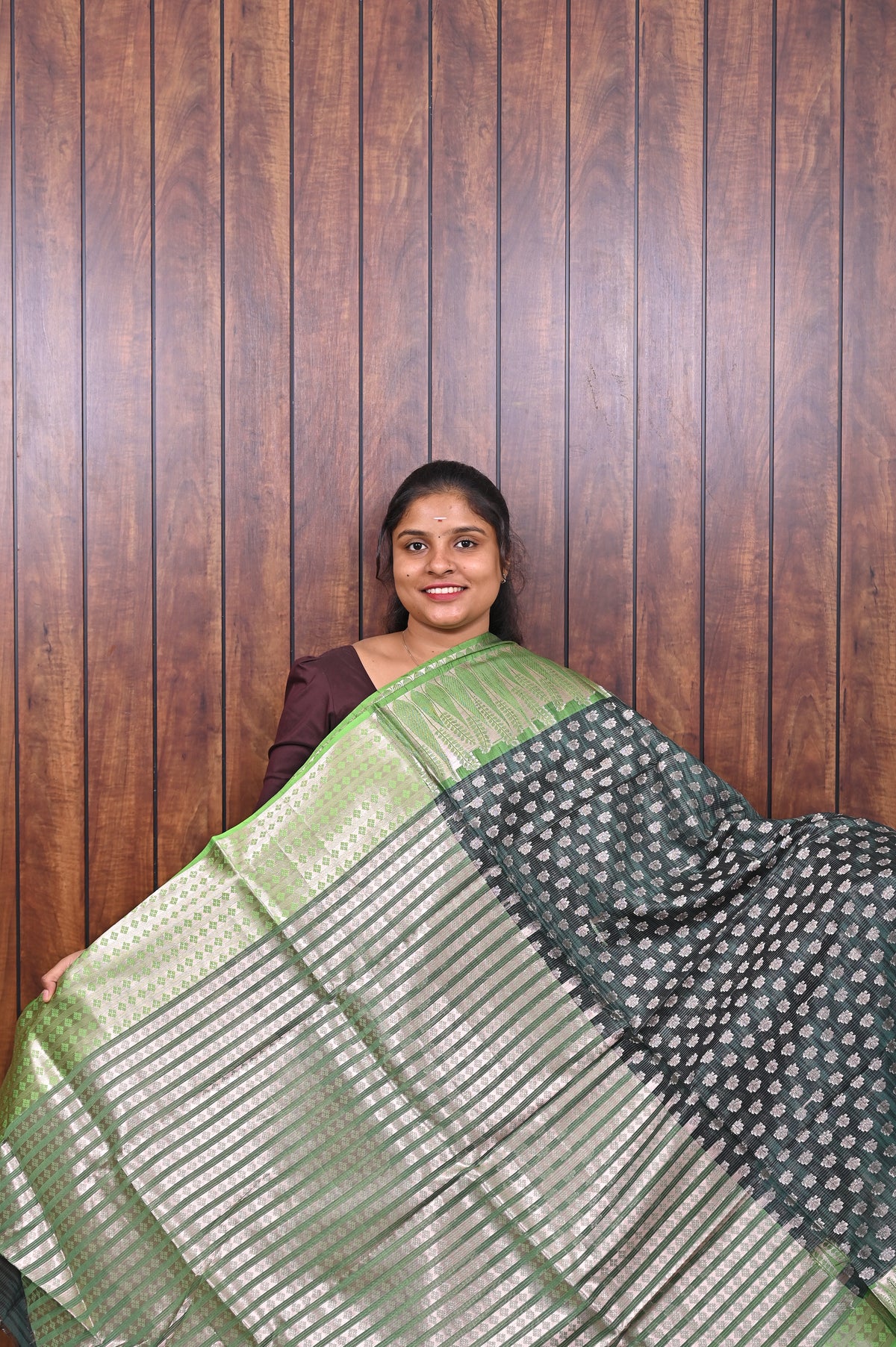 Function Wear Saree SLM-FWR-0025 - Bottle green with polka butta motifs and a light green border - second view