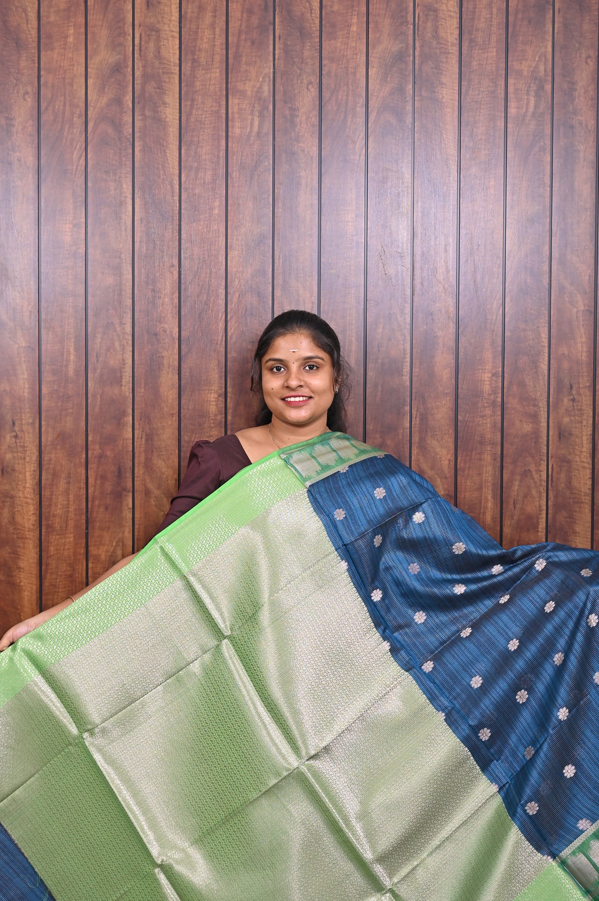 Function Wear Saree SLM-FWR-0026 - Teal blue with polka butta motifs and a green border - second view