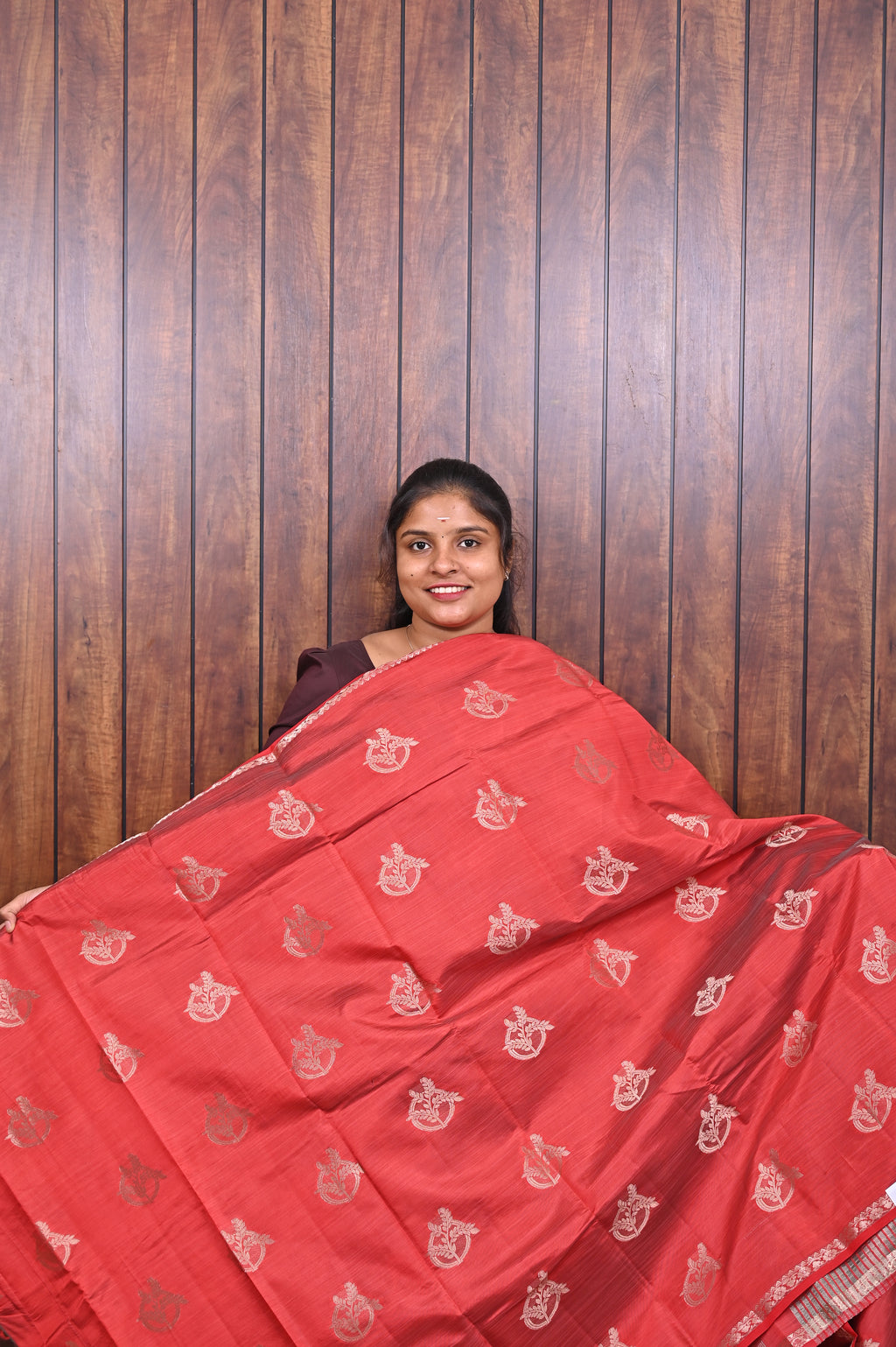 Function Wear Saree SLM-FWR-0028 - Red with butta motifs - front view