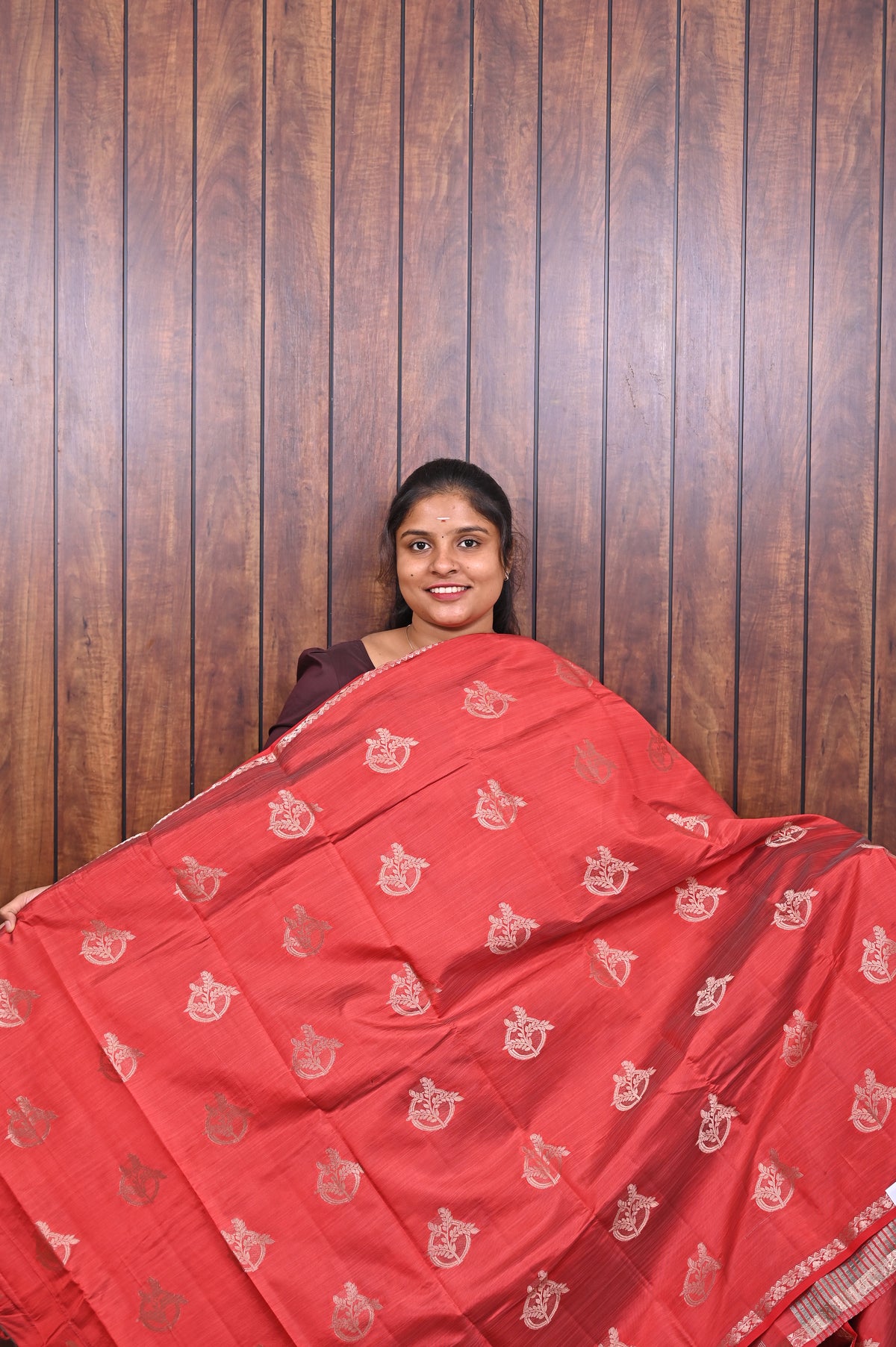 Function Wear Saree SLM-FWR-0028 - Red with butta motifs - front view