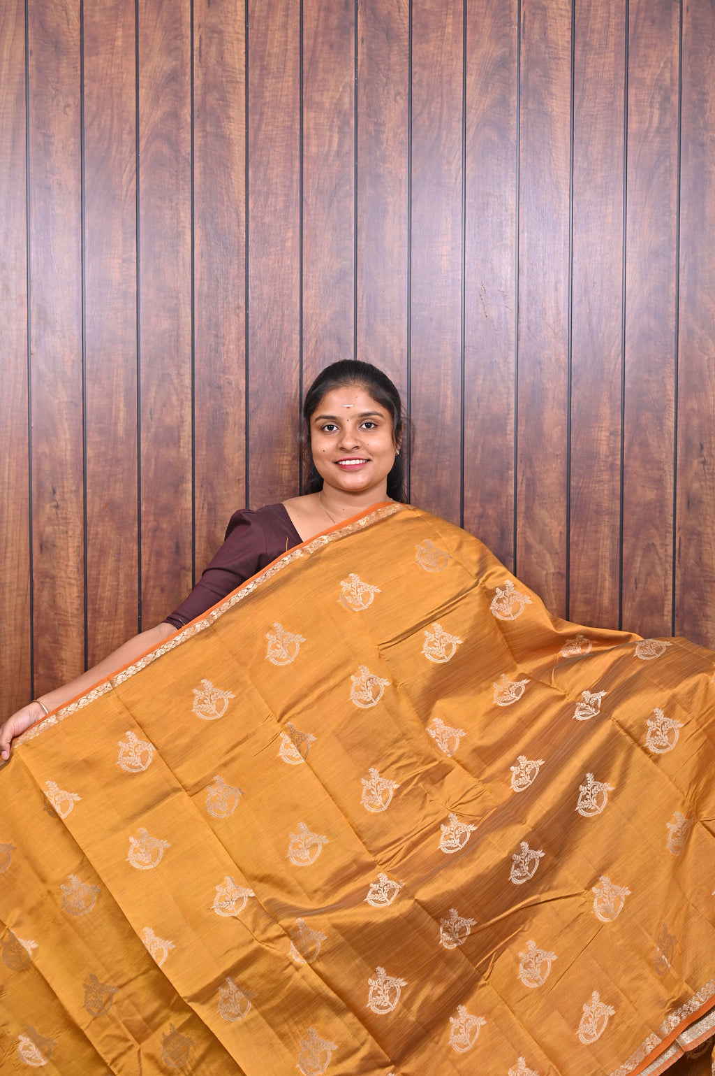 Function Wear Saree SLM-FWR-0031 - Mustard gold with butta motifs - front view