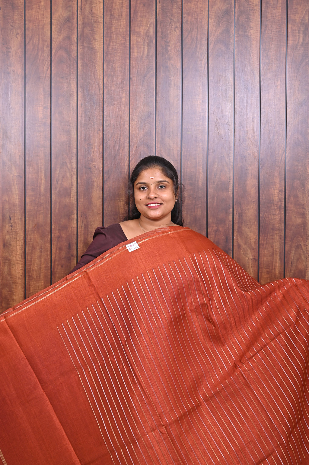 Function Wear Saree SLM-FWR-0034 - Rust orange with a striped pallu - front view