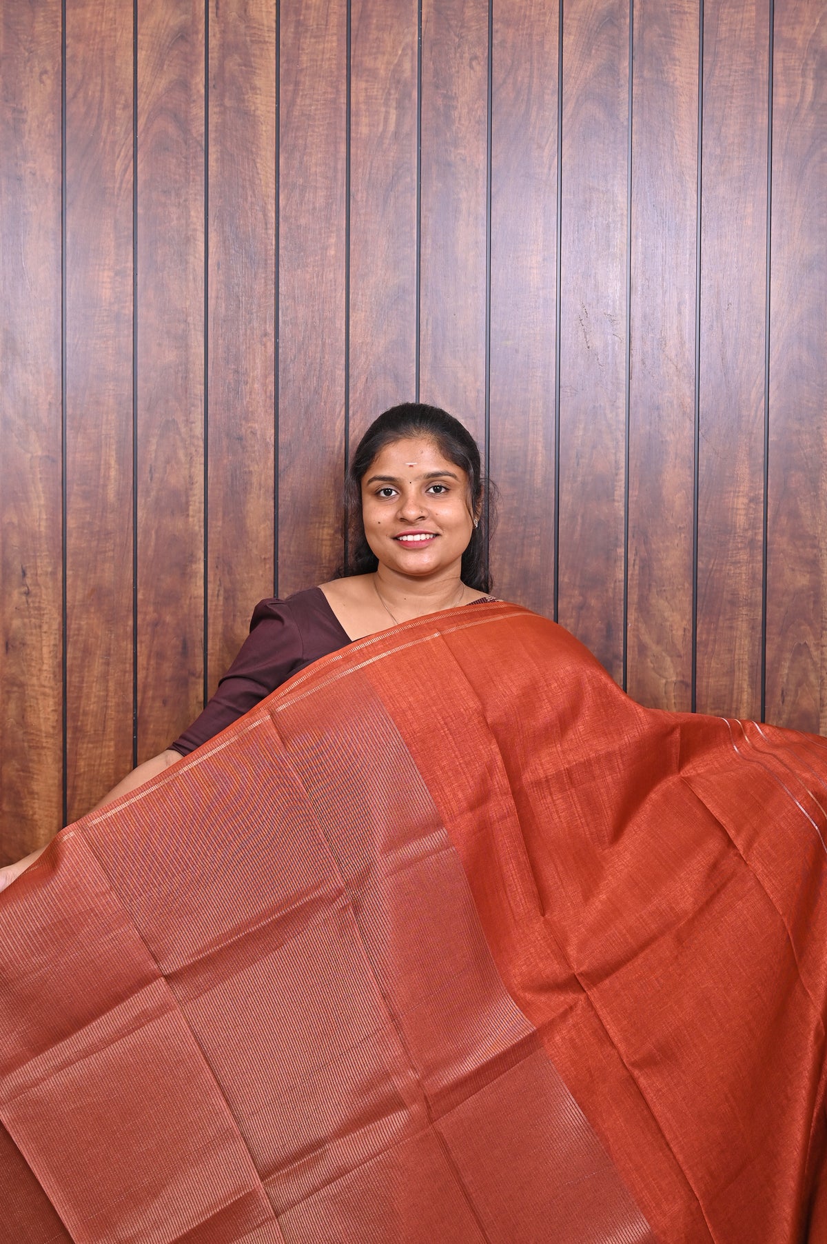 Function Wear Saree SLM-FWR-0034 - Rust orange with a striped pallu - second view