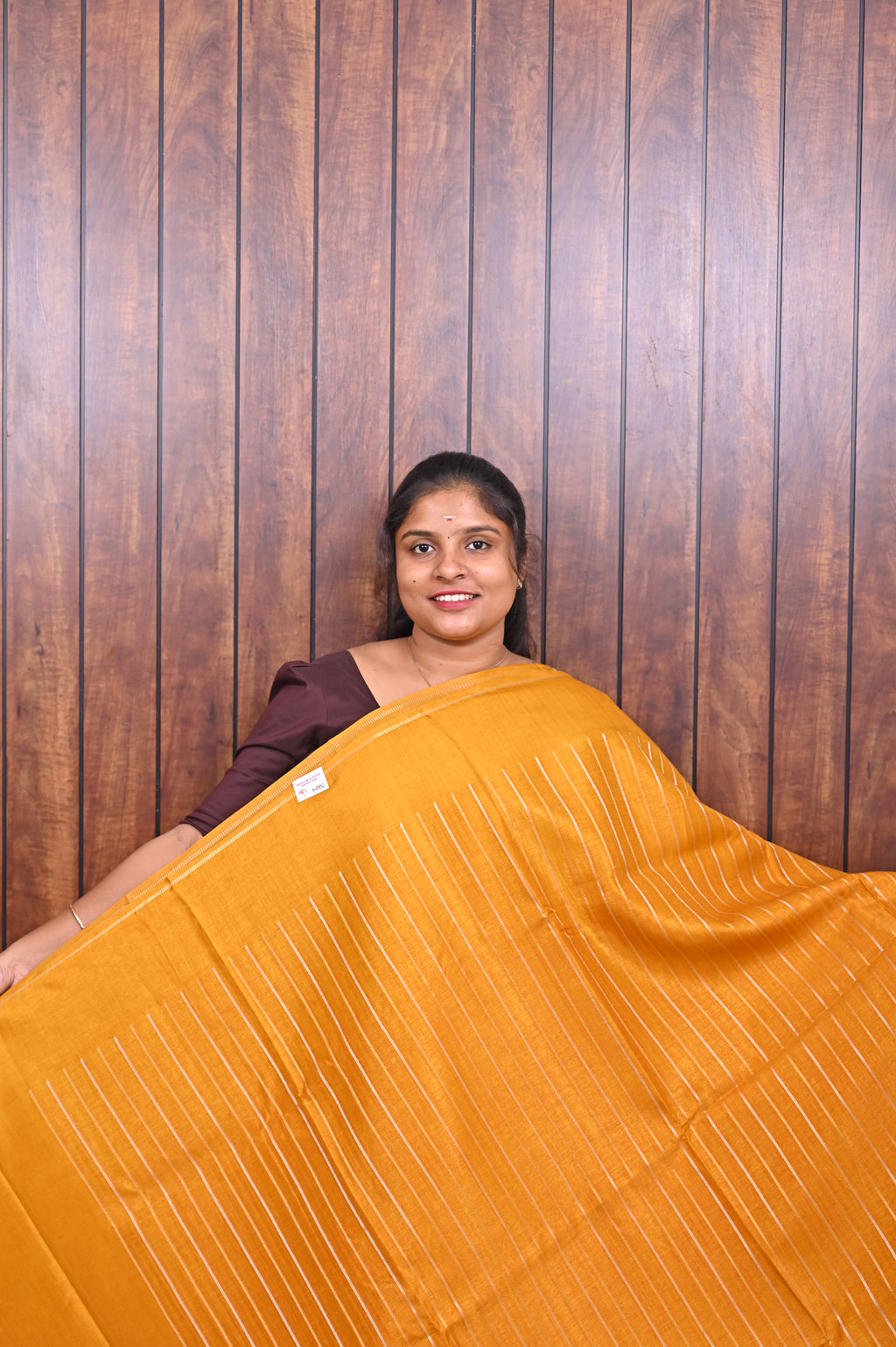 Function Wear Saree SLM-FWR-0035 - Mustard yellow with a striped pallu - front view