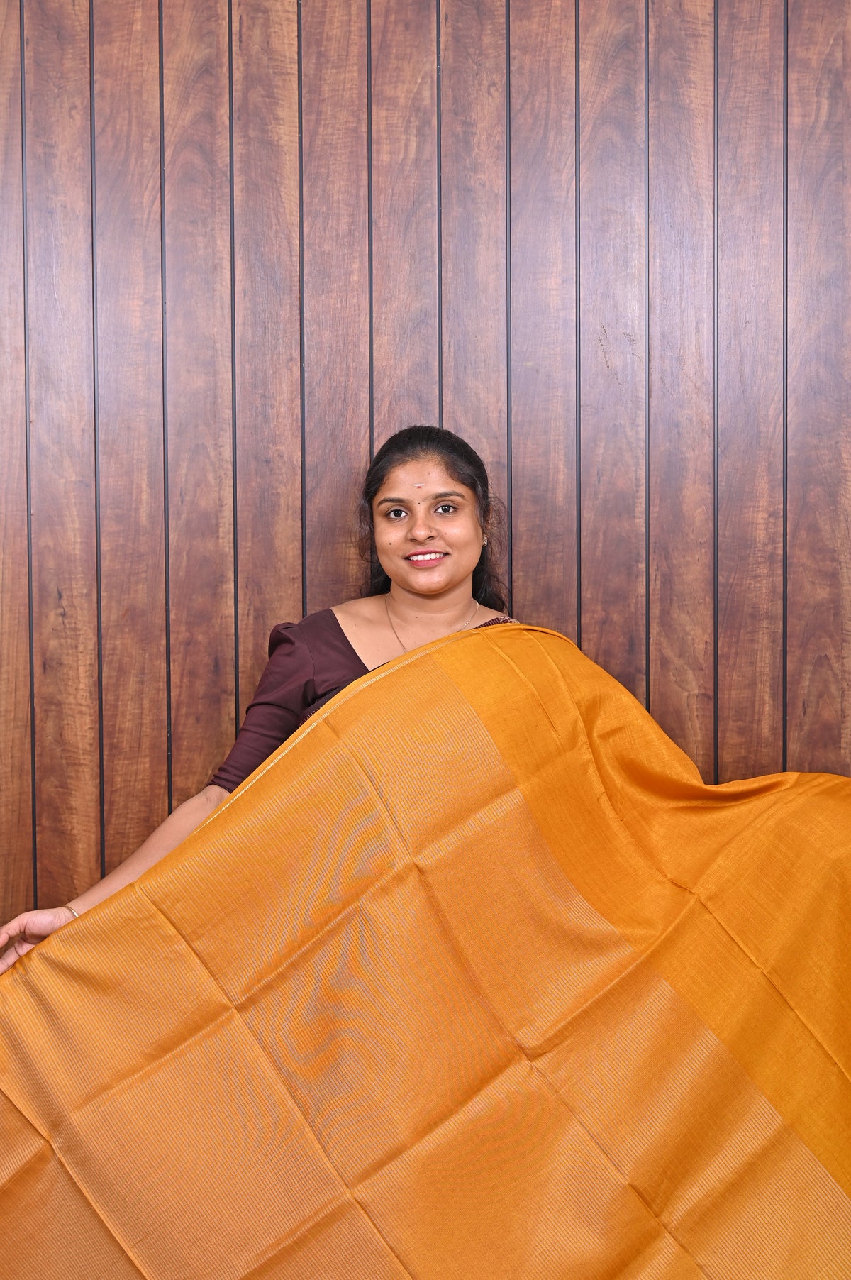 Function Wear Saree SLM-FWR-0035 - Mustard yellow with a striped pallu - second view