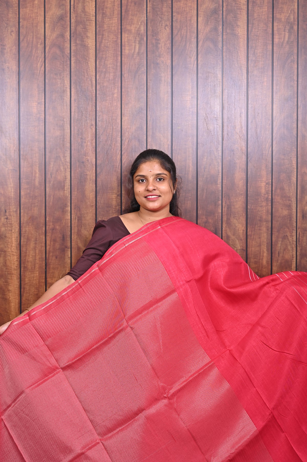 Function Wear Saree SLM-FWR-0037 - Red with a striped pallu - second view