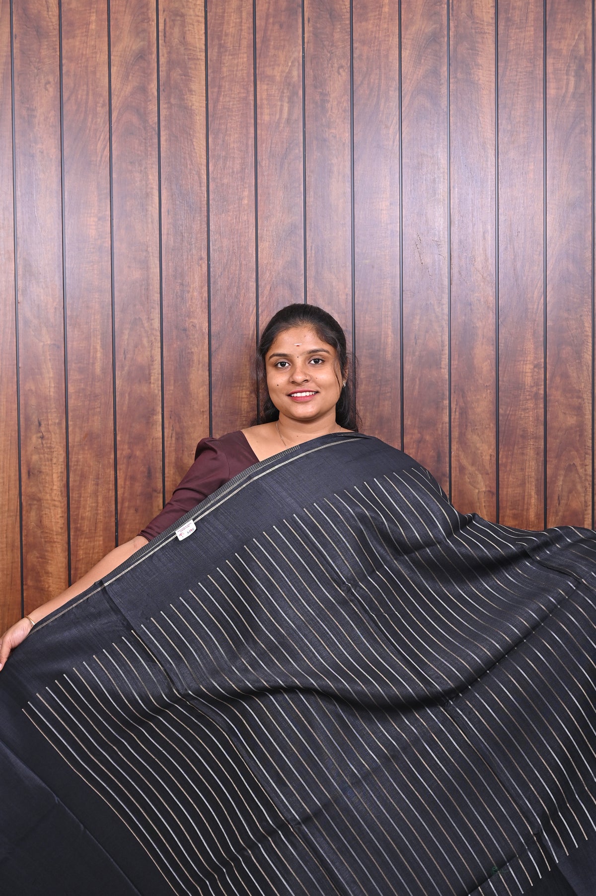 Function Wear Saree SLM-FWR-0038 - Black with a striped pallu - front view