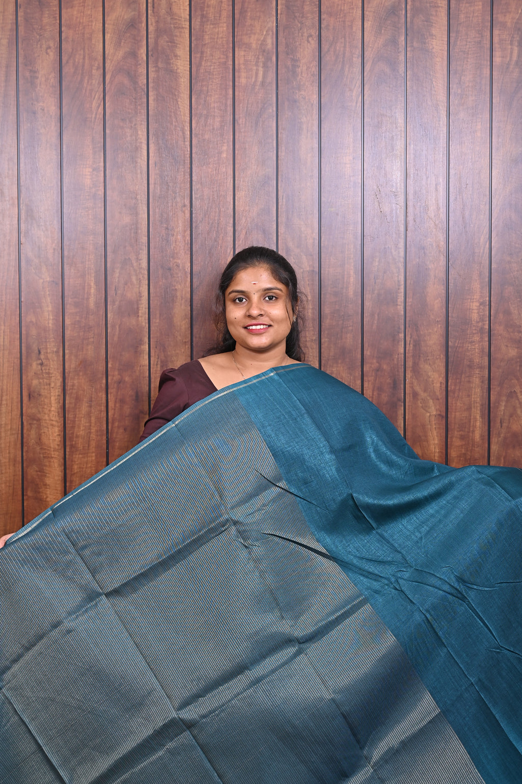 Function Wear Saree SLM-FWR-0041 - Teal with a striped pallu - second view