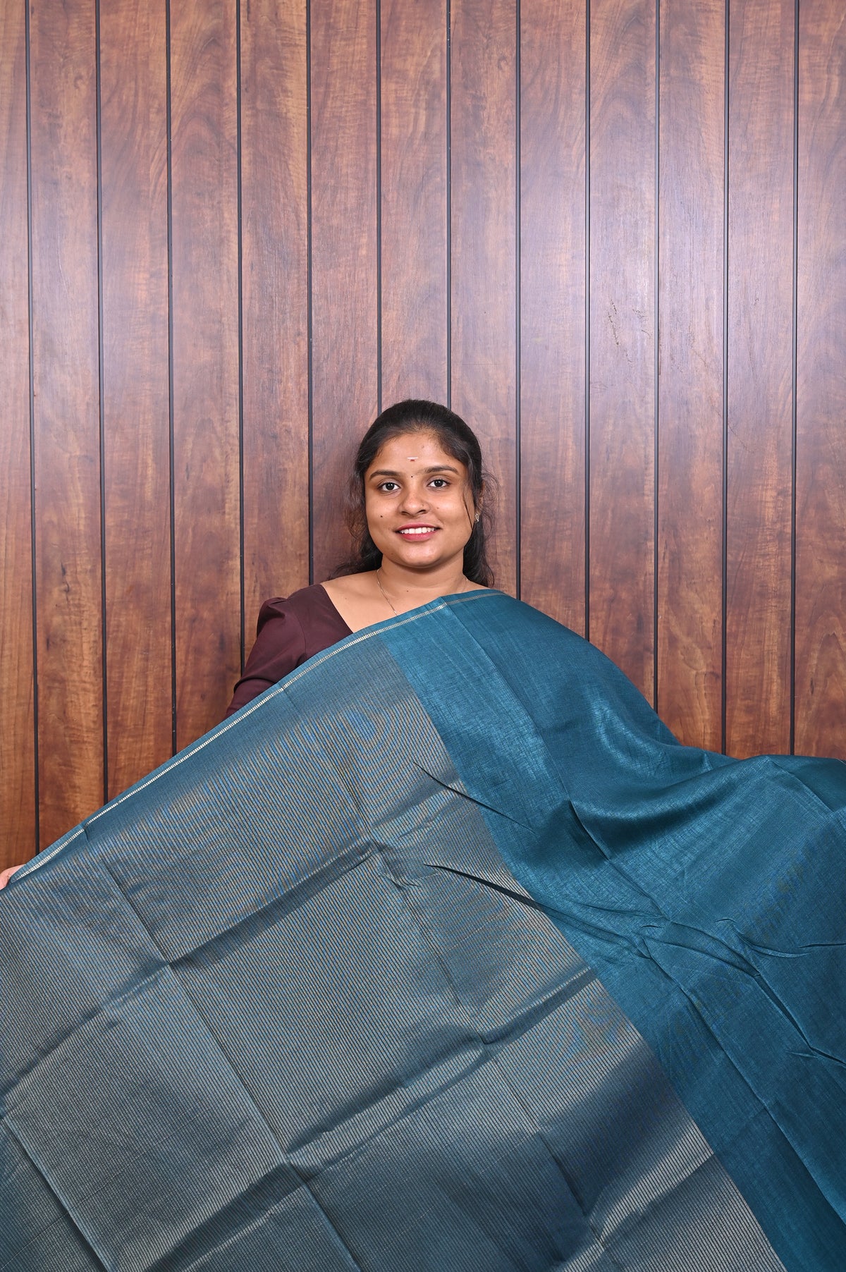 Function Wear Saree SLM-FWR-0041 - Teal with a striped pallu - second view