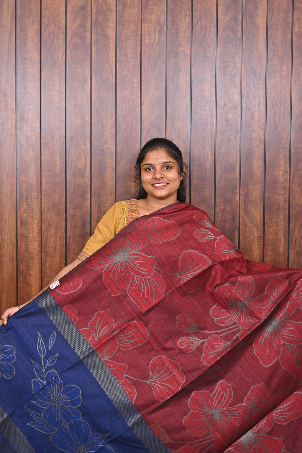 Jute Banarasi Saree SLM-JBN-0001 - Maroon with floral motifs and a navy blue pallu - front view