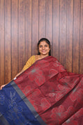Jute Banarasi Saree SLM-JBN-0001 - Maroon with floral motifs and a navy blue pallu - front view