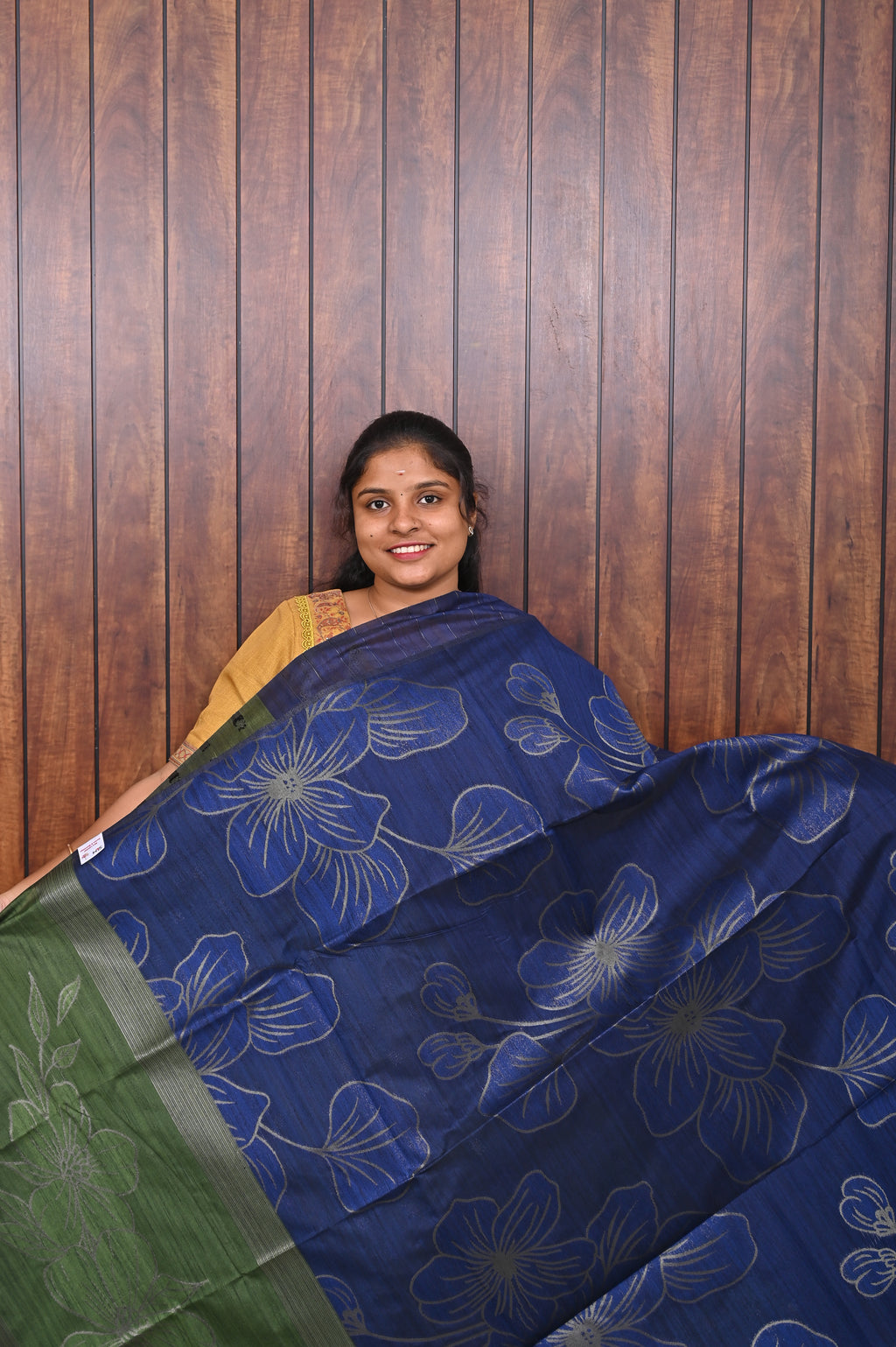 Jute Banarasi Saree SLM-JBN-0003 - Navy blue with floral motifs and a green pallu - front view
