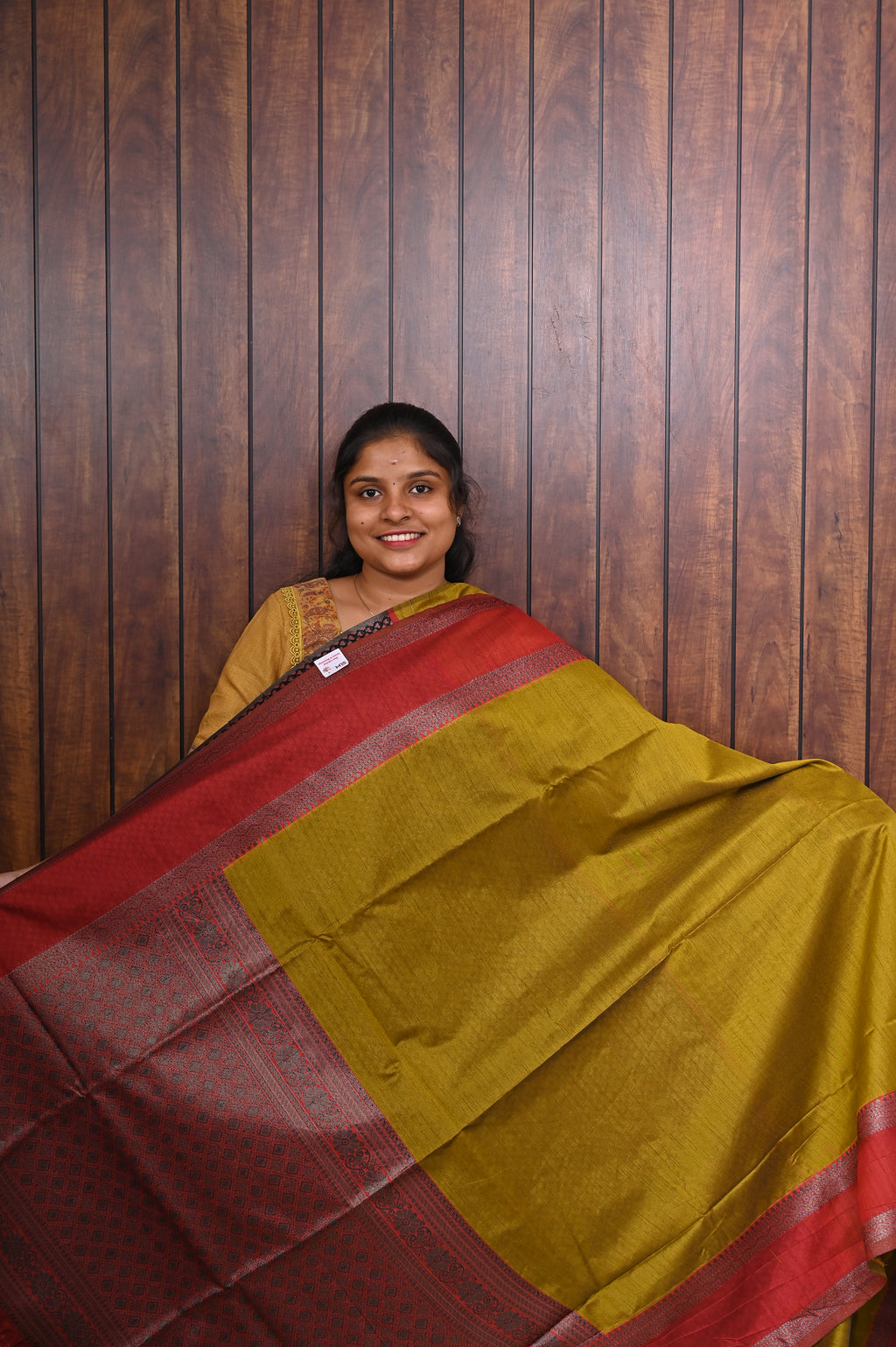 Jute Banarasi Saree SLM-JBN-0004 - Mustard yellow with a red border and maroon pallu - front view