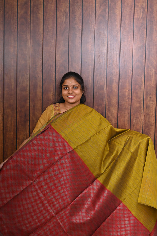 Jute Banarasi Saree SLM-JBN-0004 - Mustard yellow with a red border and maroon pallu - second view