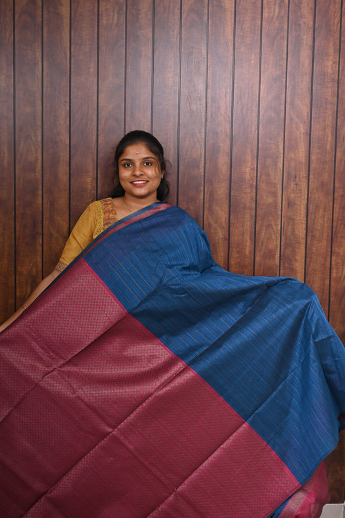 Jute Banarasi Saree SLM-JBN-0005 - Peacock blue with a pink border and maroon pallu - second view