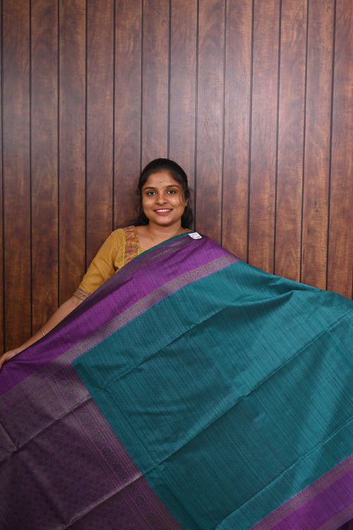 Jute Banarasi Saree SLM-JBN-0006 - Teal with a violet border and purple pallu - front view