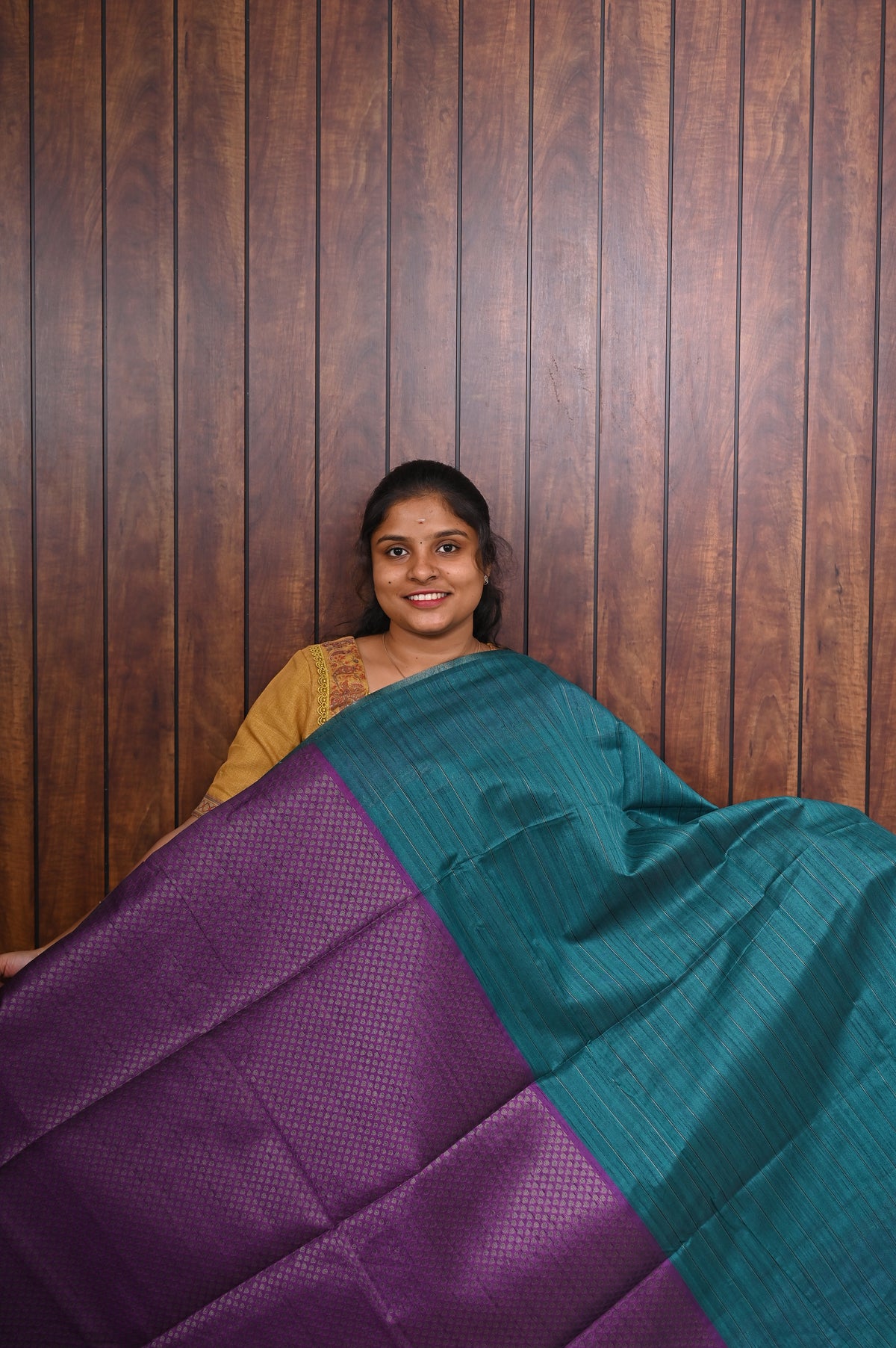 Jute Banarasi Saree SLM-JBN-0006 - Teal with a violet border and purple pallu - second view