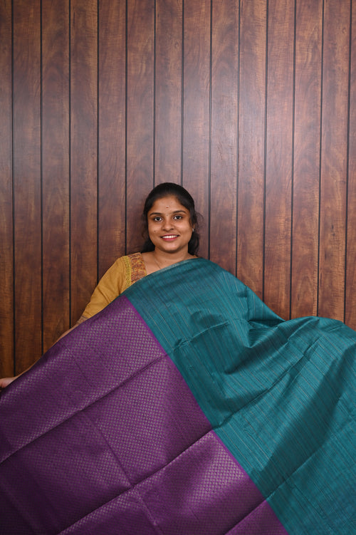 Jute Banarasi Saree SLM-JBN-0006 - Teal with a violet border and purple pallu - second view