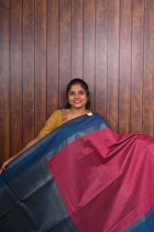 Jute Banarasi Saree SLM-JBN-0007 - Rani pink with a blue border and navy pallu - front view