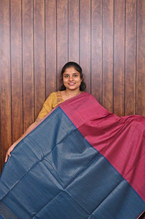 Jute Banarasi Saree SLM-JBN-0007 - Rani pink with a blue border and navy pallu - second view