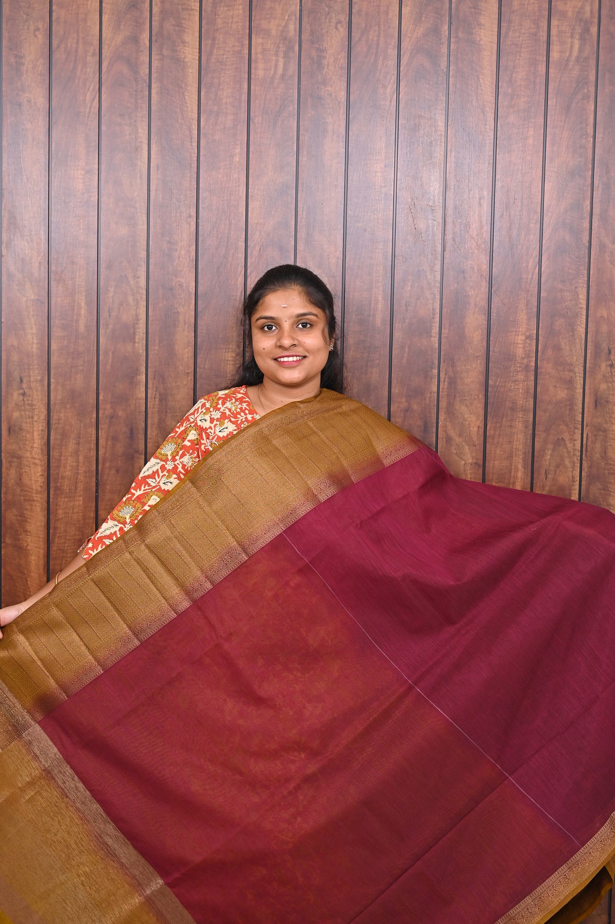 Jute Banarasi Saree SLM-JBN-0009 - Maroon red with a mustard gold border - front view