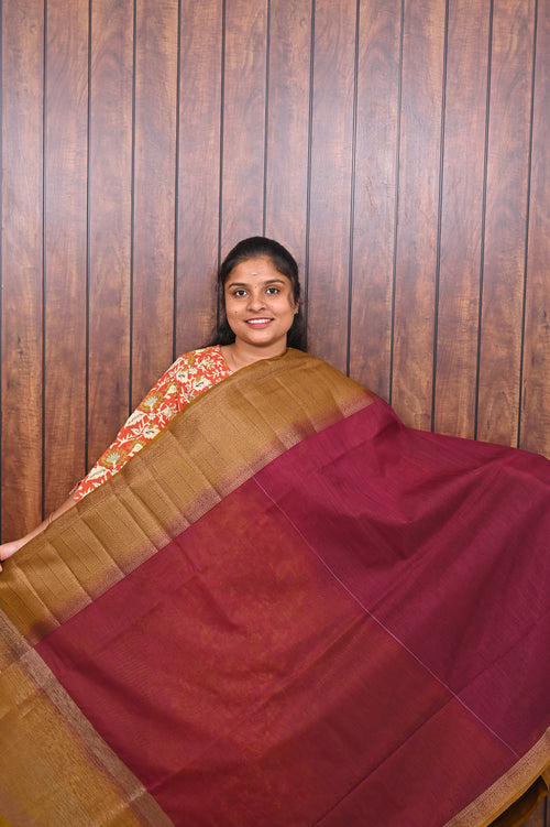 Jute Banarasi Saree SLM-JBN-0009 - Maroon red with a mustard gold border - front view