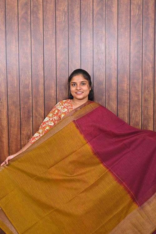 Jute Banarasi Saree SLM-JBN-0009 - Maroon red with a mustard gold border - second view