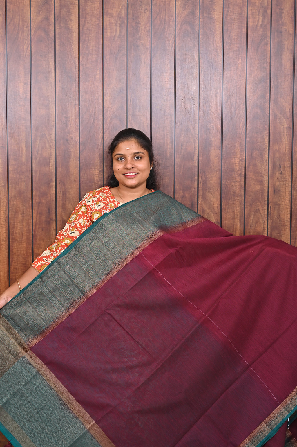 Jute Banarasi Saree SLM-JBN-0010 - Wine red with a sea green border - front view