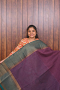 Jute Banarasi Saree SLM-JBN-0011 - Plum purple with a grey-green border - front view