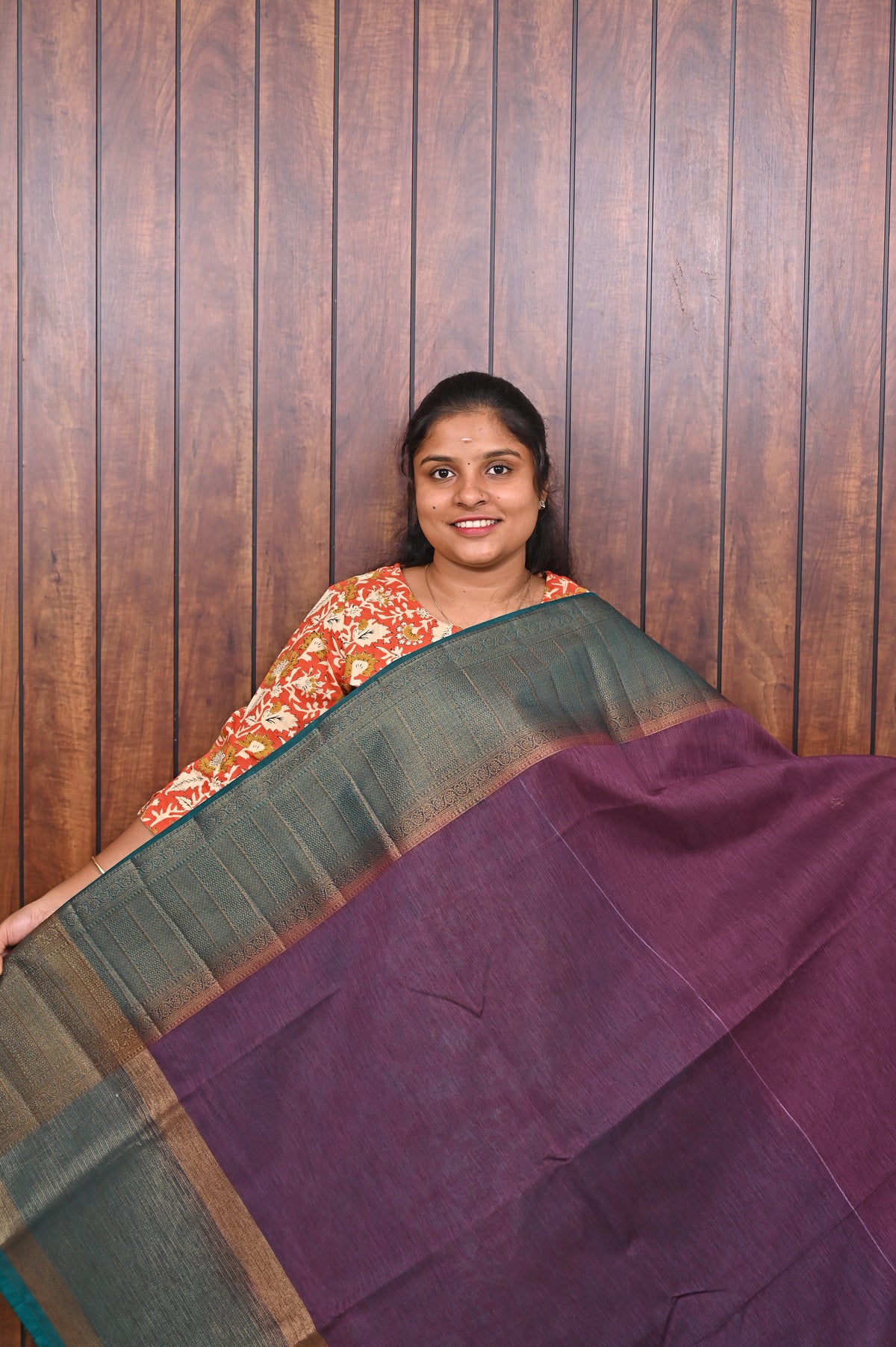 Jute Banarasi Saree SLM-JBN-0011 - Plum purple with a grey-green border - front view
