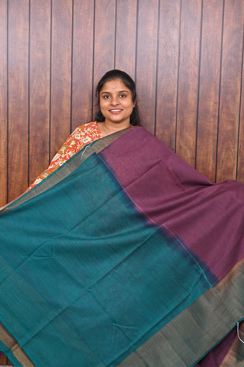 Jute Banarasi Saree SLM-JBN-0011 - Plum purple with a grey-green border - second view