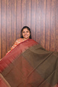 Jute Banarasi Saree SLM-JBN-0012 - Brown with a coral pink border - front view