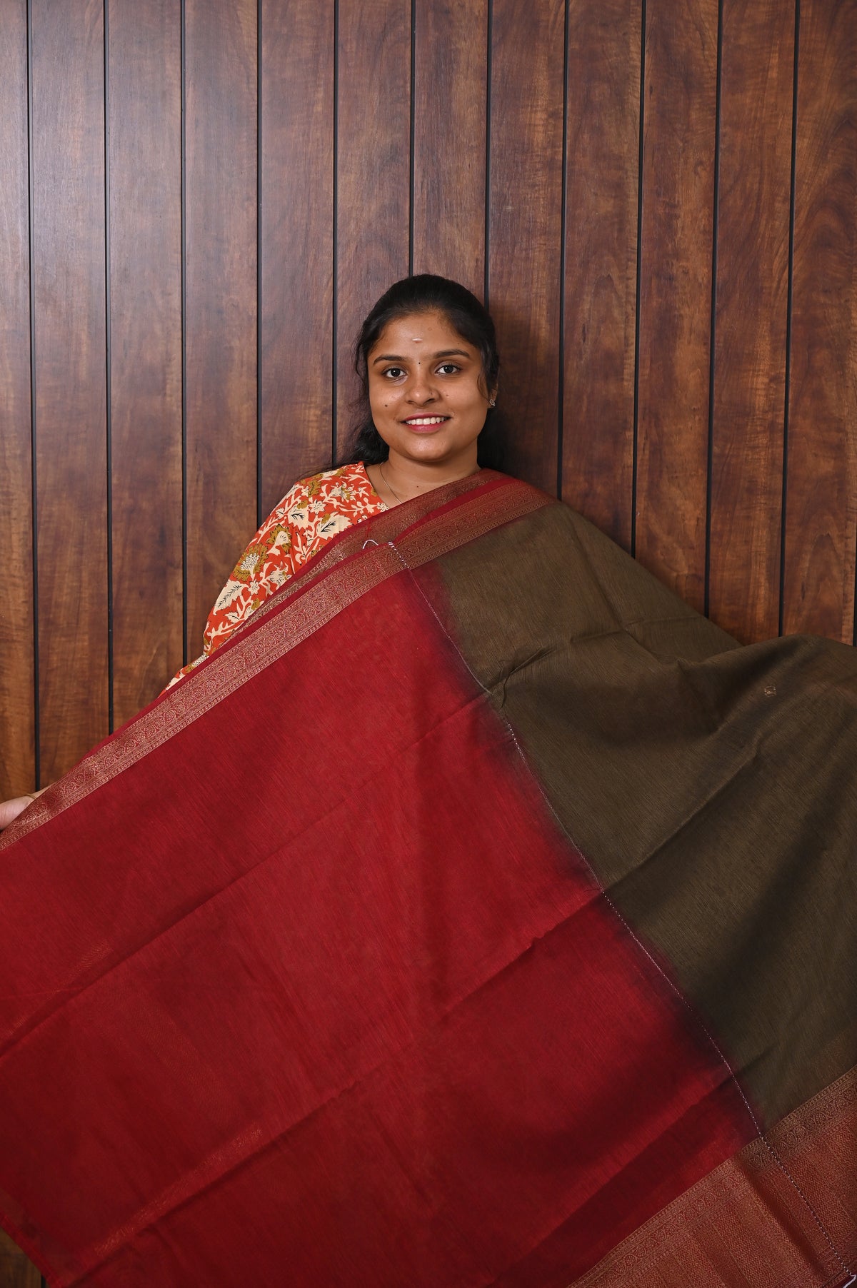 Jute Banarasi Saree SLM-JBN-0012 - Brown with a coral pink border - second view