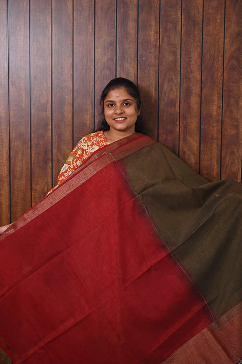Jute Banarasi Saree SLM-JBN-0012 - Brown with a coral pink border - second view