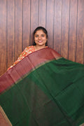 Jute Banarasi Saree SLM-JBN-0013 - Bottle green with a pink border - front view