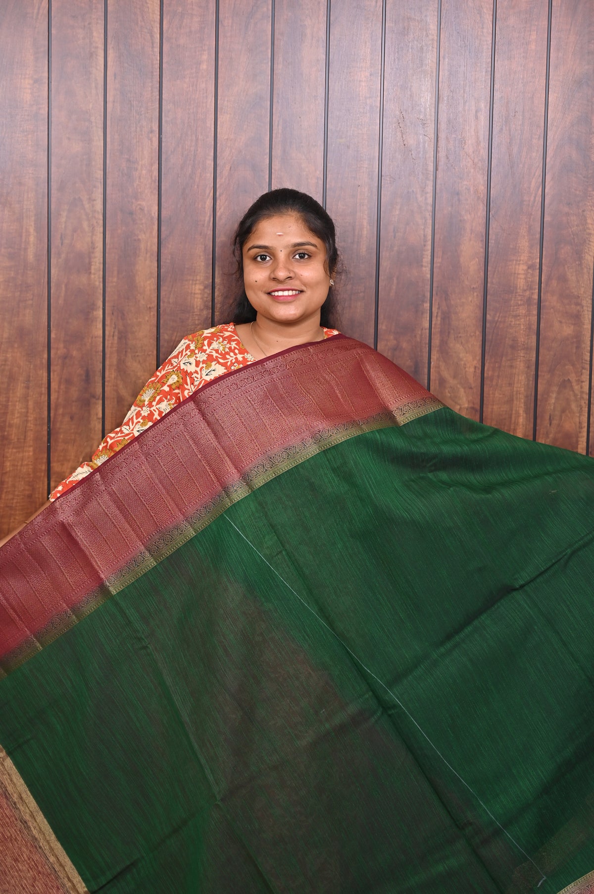 Jute Banarasi Saree SLM-JBN-0013 - Bottle green with a pink border - front view