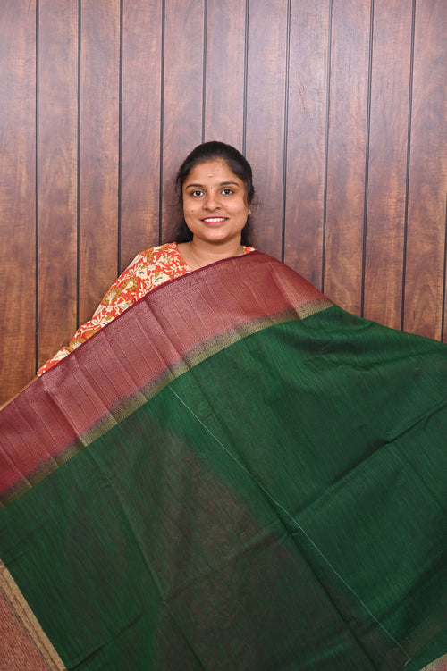 Jute Banarasi Saree SLM-JBN-0013 - Bottle green with a pink border - front view