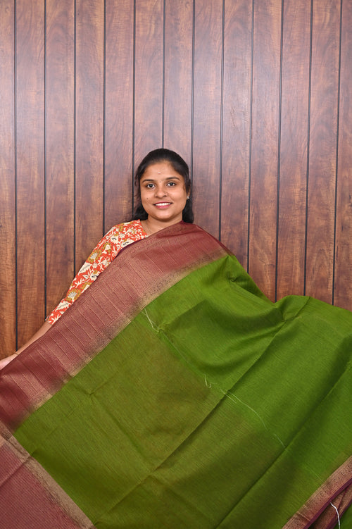 Jute Banarasi Saree SLM-JBN-0014 - Parrot green with a pink border - front view