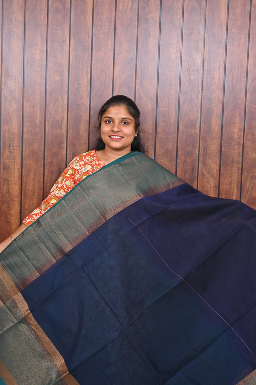 Jute Banarasi Saree SLM-JBN-0015 - Navy blue with a grey-green border - front view