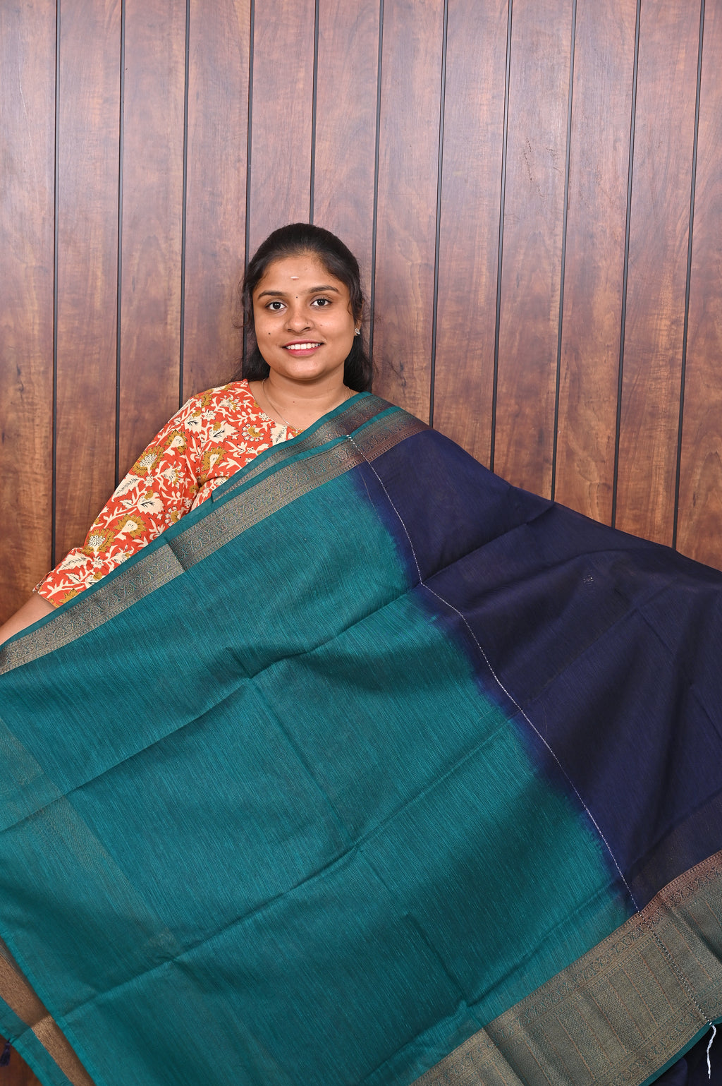 Jute Banarasi Saree SLM-JBN-0015 - Navy blue with a grey-green border - second view