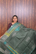 Kota Manipuri Saree SLM-KTM-0001 - Green with a geometric pattern - front view