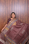 Kota Manipuri Saree SLM-KTM-0002 - Maroon brown with a geometric pattern - front view