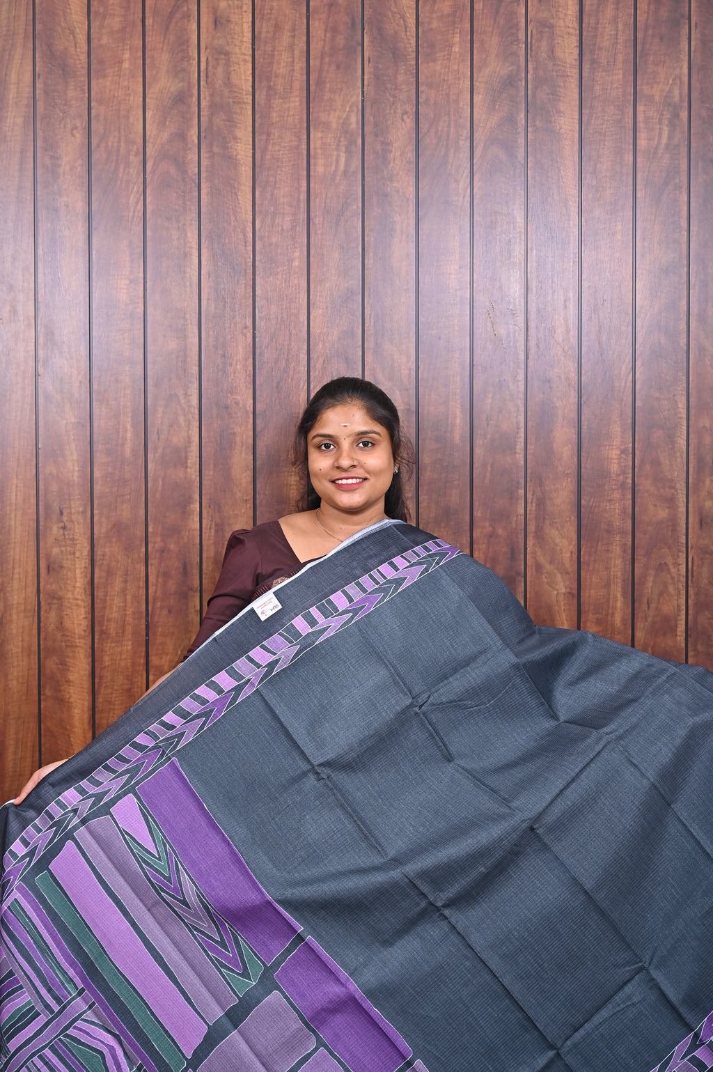 Kota Manipuri Saree SLM-KTM-0004 - Slate teal with a purple geometric pallu - front view