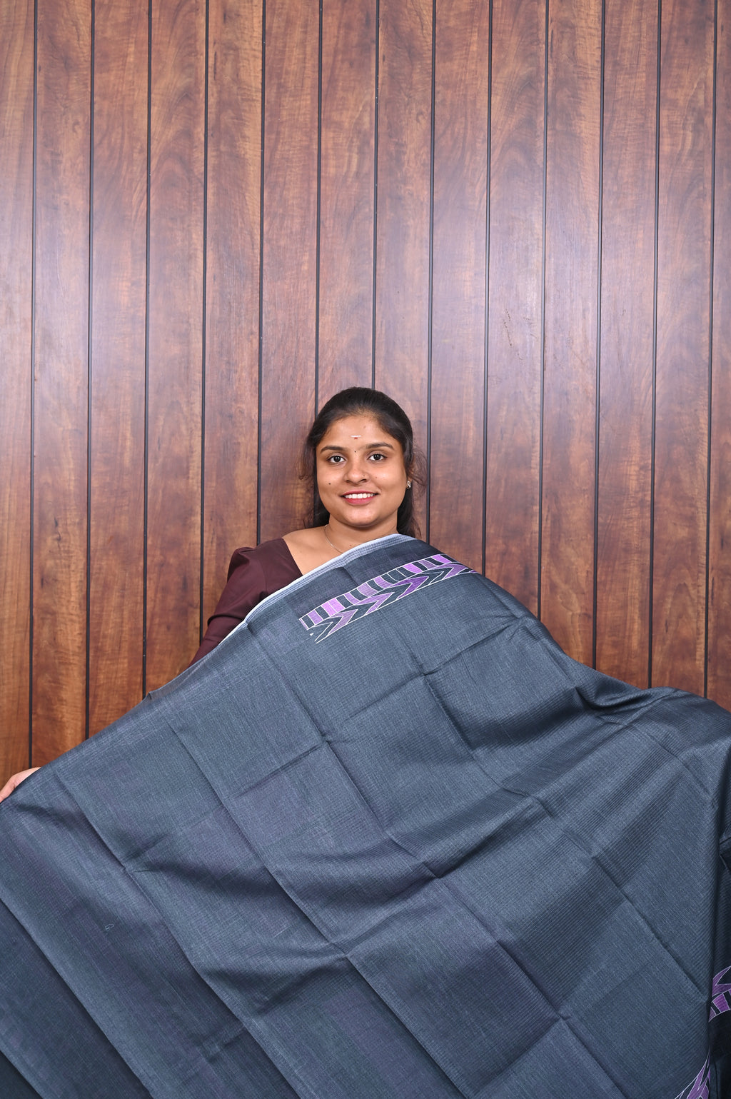 Kota Manipuri Saree SLM-KTM-0004 - Slate teal with a purple geometric pallu - second view