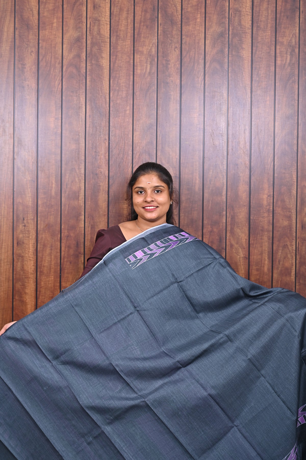 Kota Manipuri Saree SLM-KTM-0004 - Slate teal with a purple geometric pallu - second view