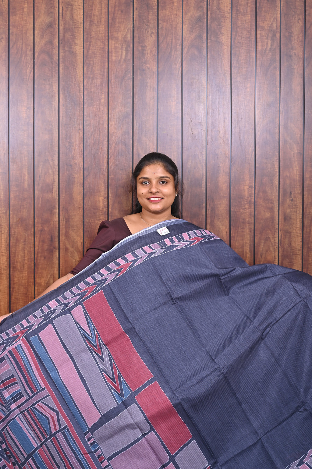Kota Manipuri Saree SLM-KTM-0006 - Denim blue with a pink and red geometric pallu - front view