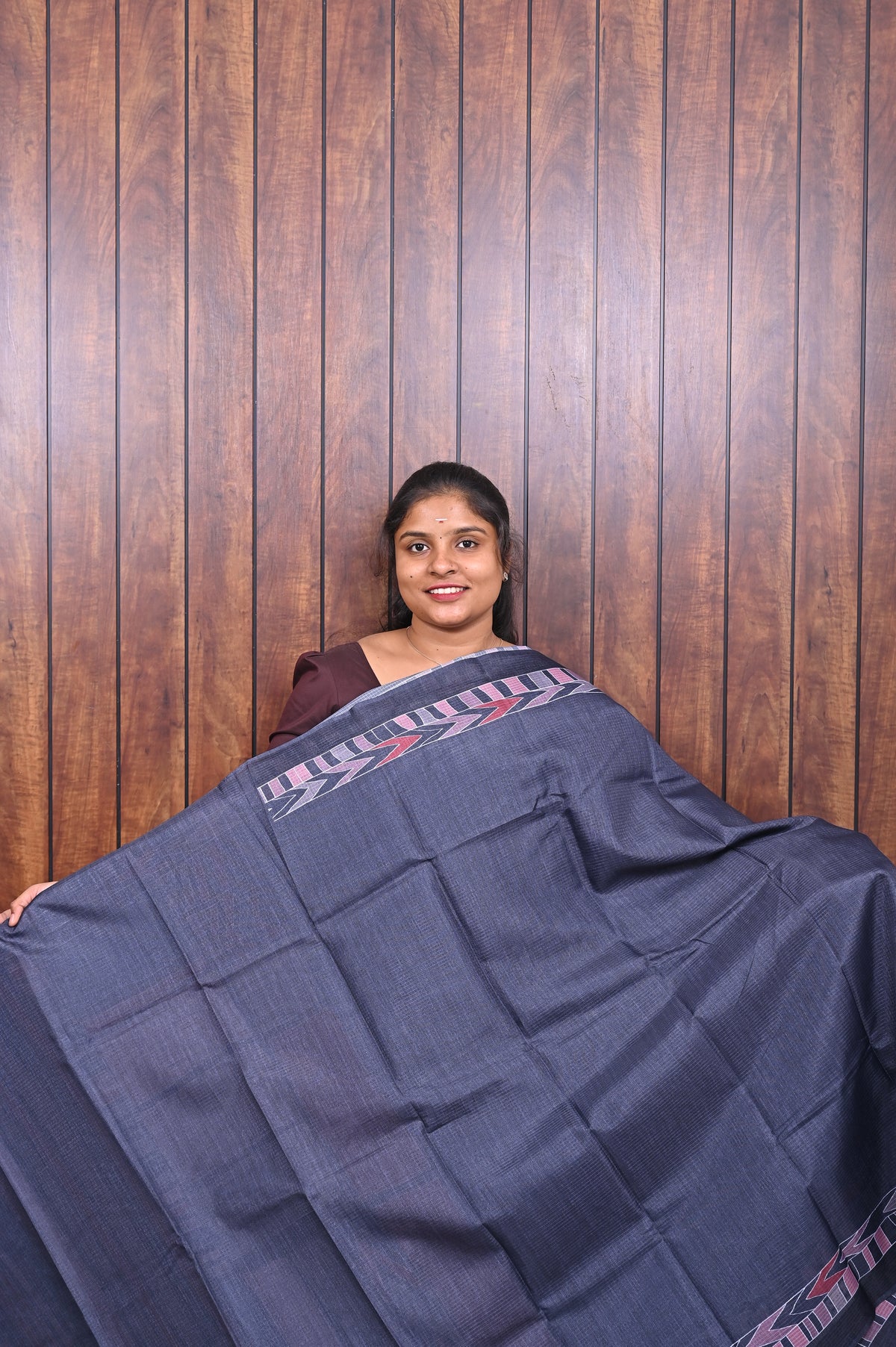 Kota Manipuri Saree SLM-KTM-0006 - Denim blue with a pink and red geometric pallu - second view