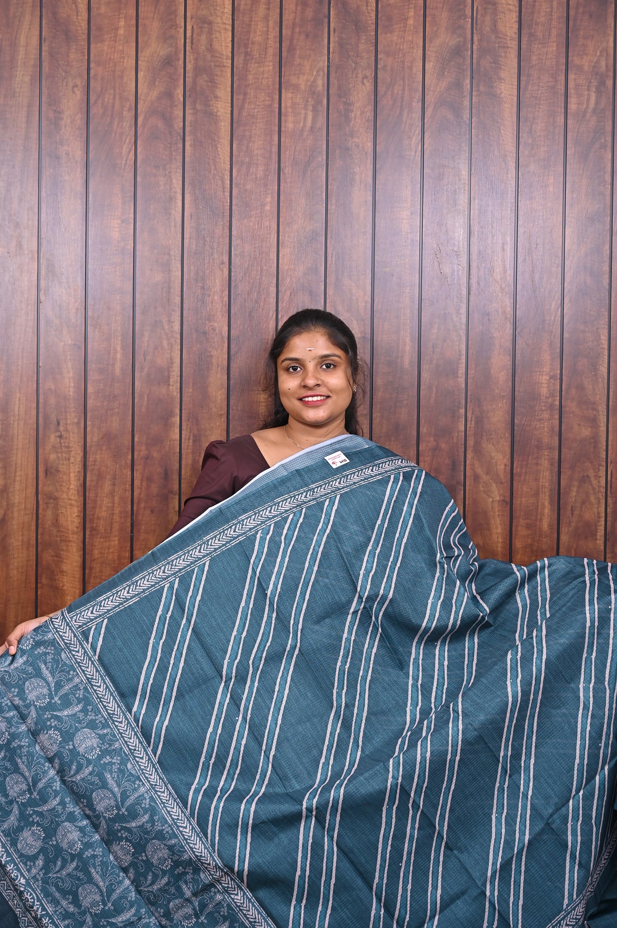 Kota Manipuri Saree SLM-KTM-0009 - Teal blue with white stripes and a printed border - front view
