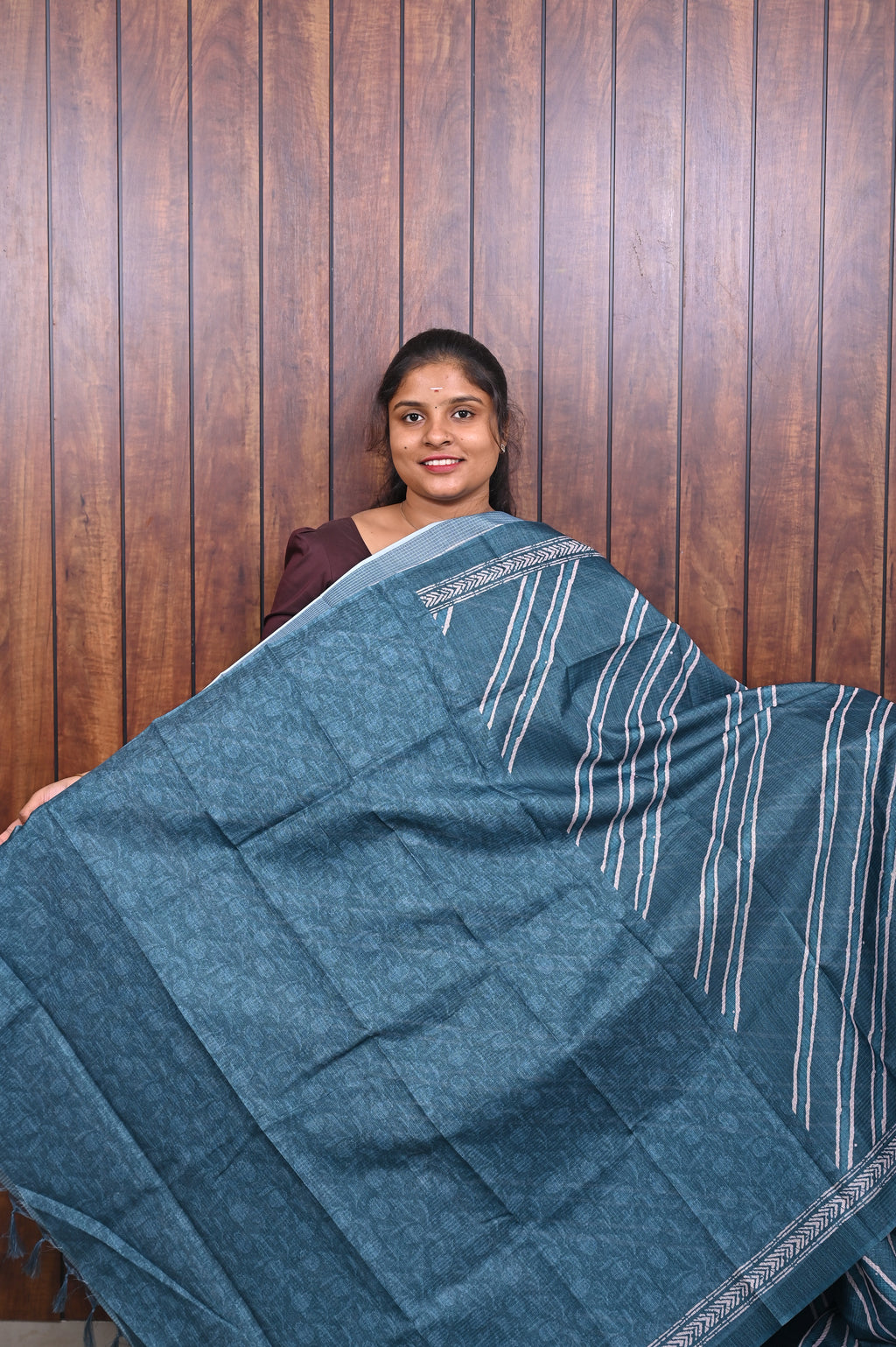 Kota Manipuri Saree SLM-KTM-0009 - Teal blue with white stripes and a printed border - second view